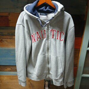 Nautica Hoodie Mens Large Gray Full Zip Hooded Sweatshirt Spell Out Logo Fleece